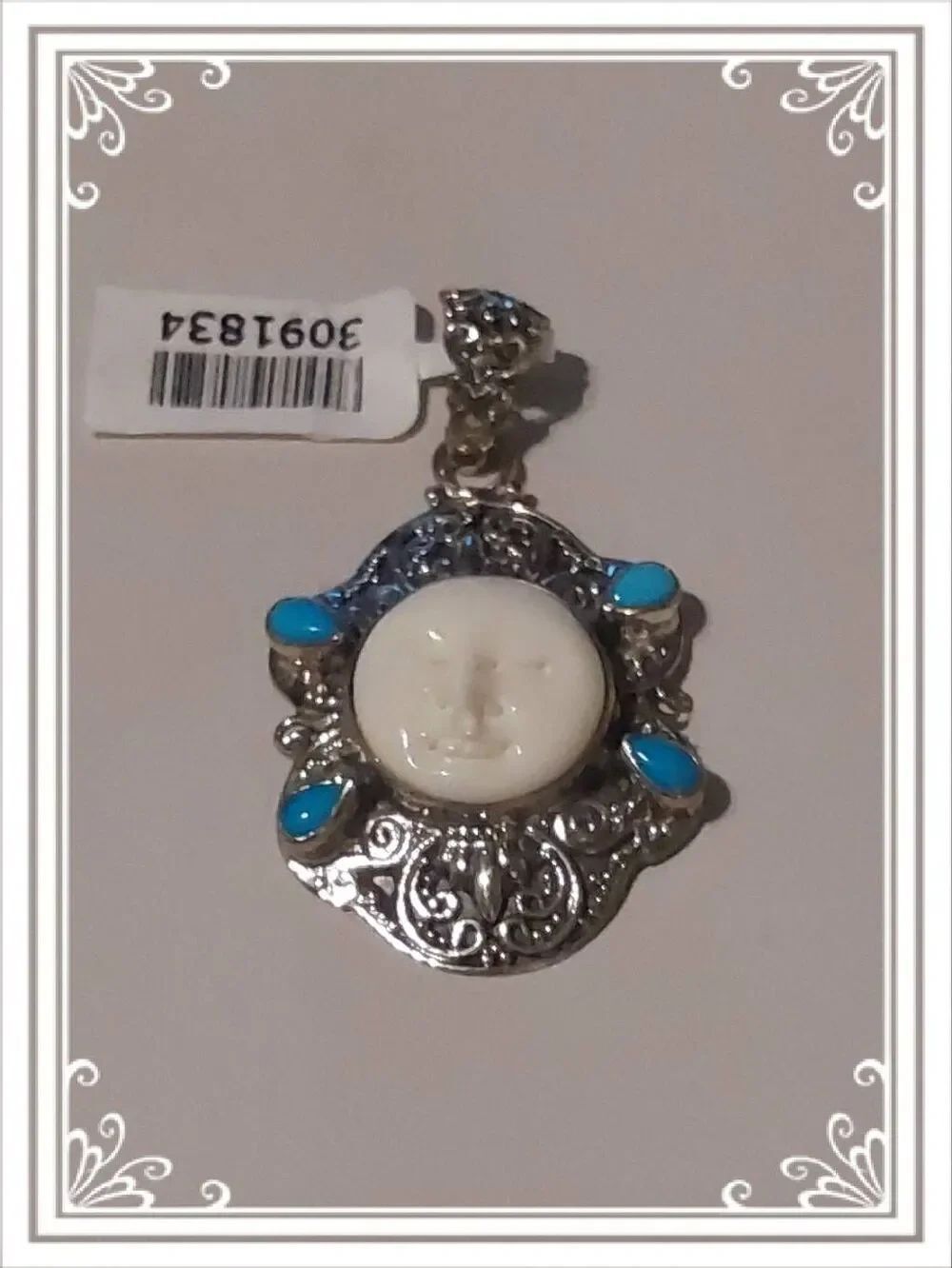 NWT STS Signed 925SS Carved Bone & Sleeping Turquoise Goddess Balinese Pendant